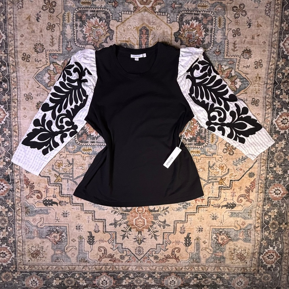 Chico's White Jacquard Sleeve Knit Top Black Floral Embroidery New With Tags Lrg